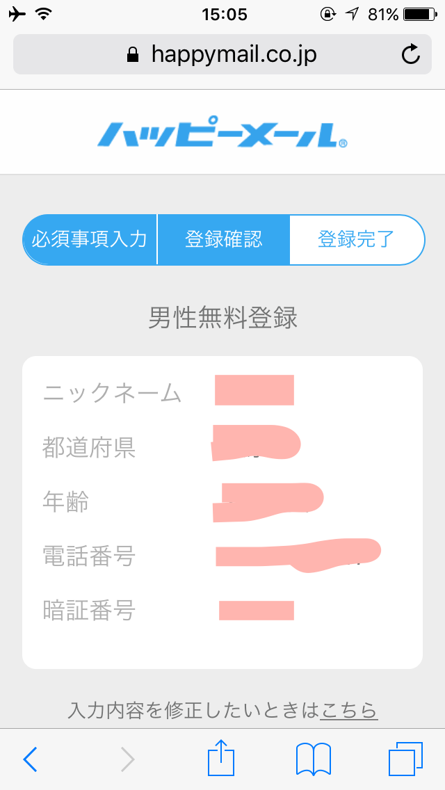 ハッピーメール入力確認画面
